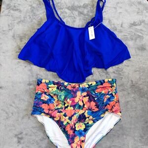Edel Qual Two Piece Flounce Bikini Set Swimsuit Womens XL Blue Floral High Waist